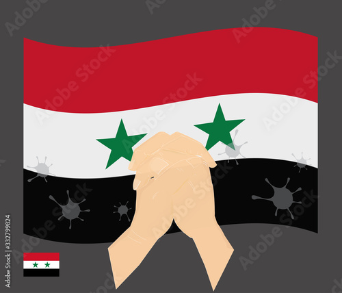 Praying hands with Covid-19 or novel coronavirus stained on the National Flag of the syria, Pray for syria, Save syrian people concept, sign symbol background, vector illustration.