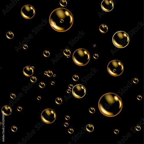 Oil gold bubbles isolated on black background. Realistic cosmetic golden glass pill capsules collagen serum template. 