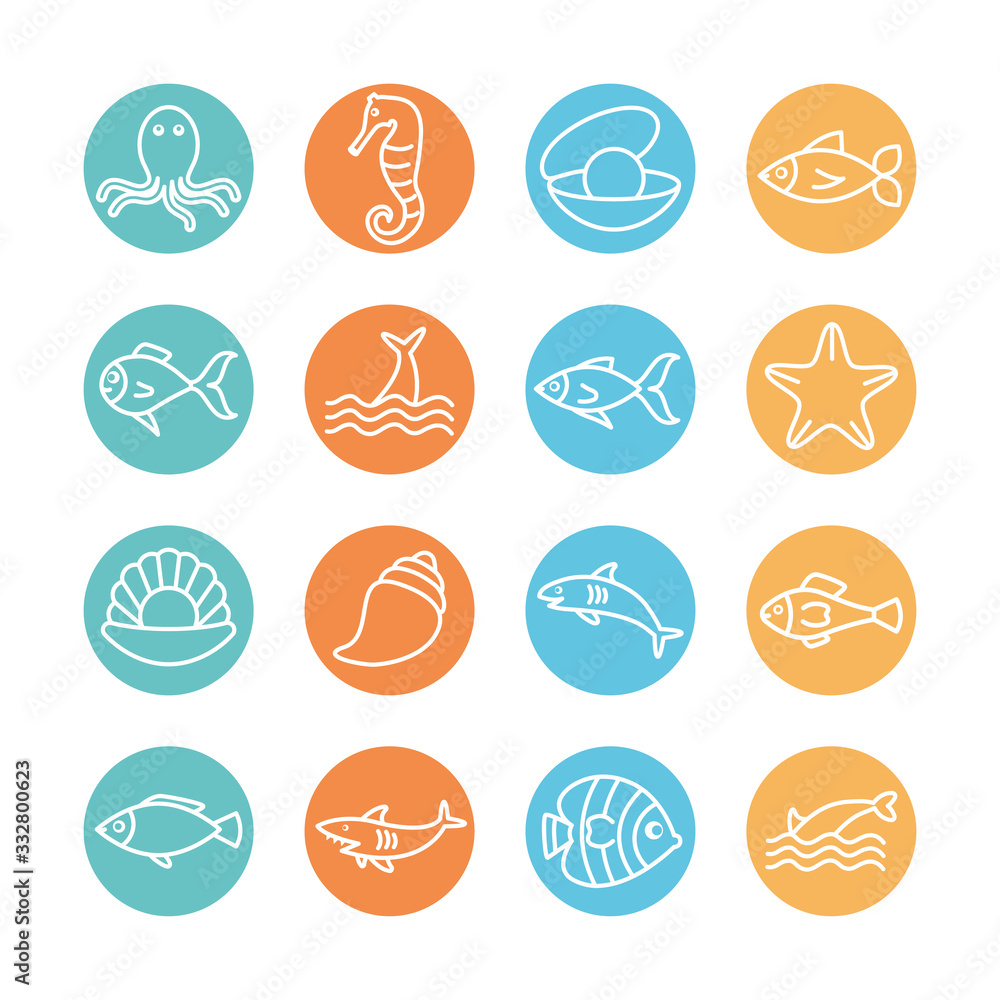 Isolated sea animals line block style icon set vector design