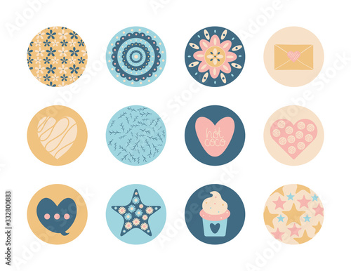 Collage and love flat block style icon set vector design