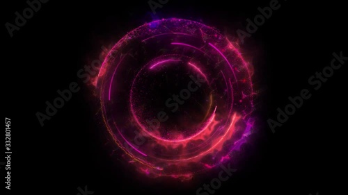 Seamless loop. Animation of a red geometric round portal consisting of particles and energy trails isolated on black background with alpha luma matte VFX CG 4k. Space door. Sci-fi. Futuristic.