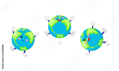 Collection of cute cartoon globe character. Smile, Jump and somersault. Illustration isolated on white background.
