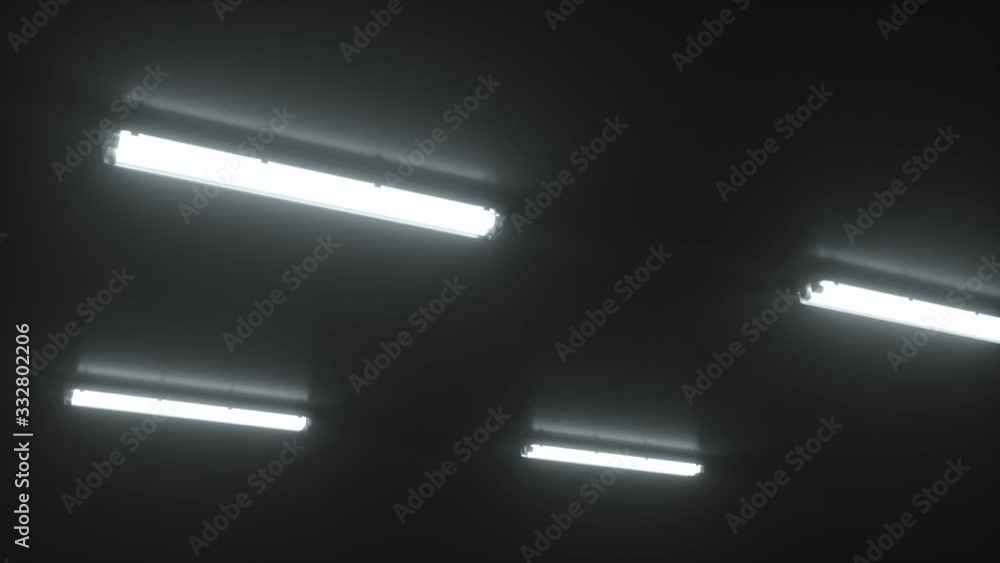 4k shot of white double fluorescent lighting turn on in industrial building. On the ceiling of a dark, cold room. A scary flickering neon light. 3d animation 4k shot of white double fluorescent lighting turn on in industrial building. On the ceiling of a dark, cold room. A scary flickering neon light. 3d animation