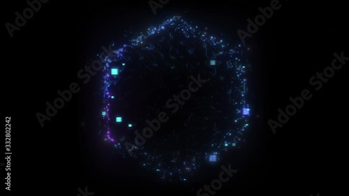 Seamless loop. Animation of a blue hexagonal portal consisting of glitched squares and energy clots isolated on black background with luma matte VFX CG 4k. Space door. Sci-fi. Futuristic.