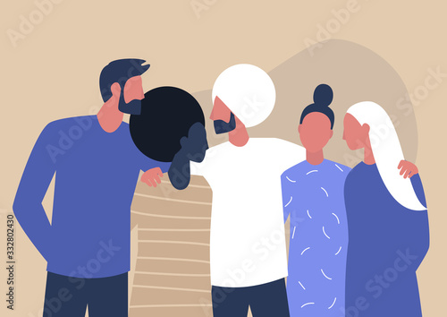 A diverse group of young people of different ethnicities and gender embracing each other, millennian friends