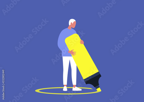 Young male character drawing a circle around themselves, social distancing, depression and solitude, quarantine