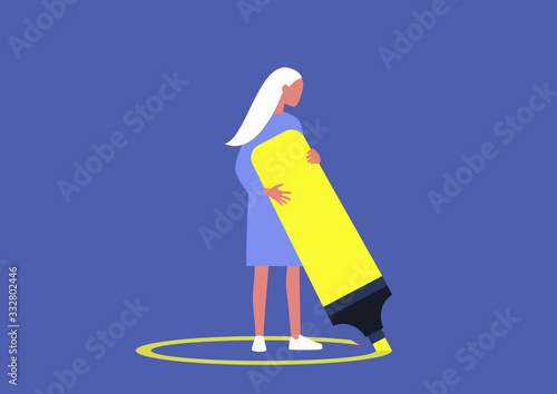 Young female male character drawing a circle around themselves, social distancing, depression and solitude, quarantine