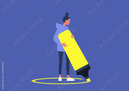 Young female male character drawing a circle around themselves, social distancing, depression and solitude, quarantine