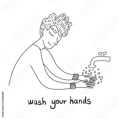 Washing hands to sanitize and disinfect COVID-19. Man washing hands with soap with bubbles. Virus prevention concept. COVID-19 hygiene promotion with washing your hands