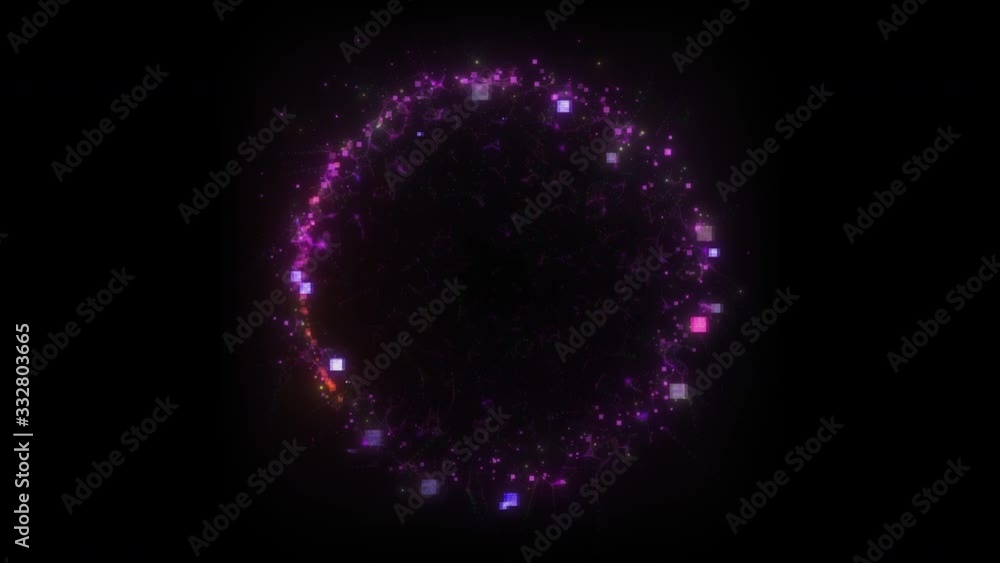 Seamless loop. Animation of a violet round portal consisting of glitched squares and energy clots isolated on black background with luma matte VFX CG 4k. Space door. Sci-fi. Futuristic. Seamless loop. Animation of a violet round portal consisting of glitched squares and energy clots isolated on black background with luma matte VFX CG 4k. Space door. Sci-fi. Futuristic.