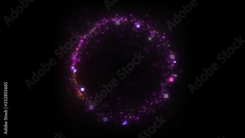 Seamless loop. Animation of a violet round portal consisting of glitched squares and energy clots isolated on black background with luma matte VFX CG 4k. Space door. Sci-fi. Futuristic.
