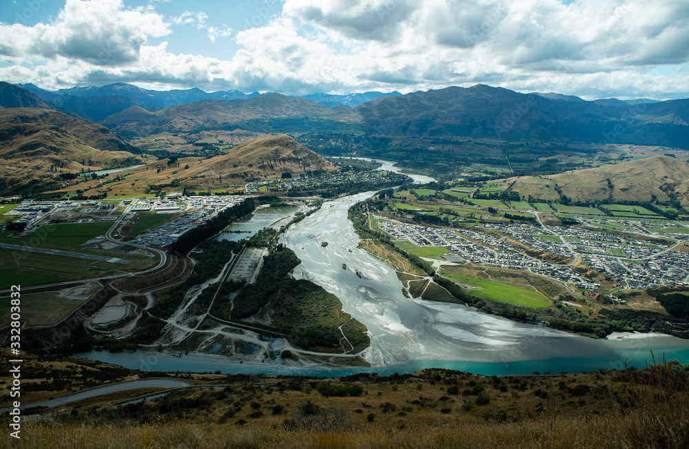 Views over mountains and rivers near Queenstown New Zealand
