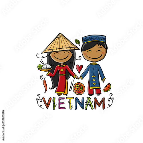 Cartoon Vietnam couple wearing traditional costumes