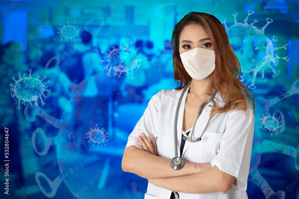 Female doctor standing with arms folded in front of blue background of crowd who has risk from virus. Female doctor standing with arms folded in front of blue background of crowd who has risk from virus.