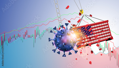 Pandemic and flu outbreak coronavirus or covid-19 effect to USA trade and economy and stock market business and financial recession concept. Vector illustration design. Giant virus crash to container.