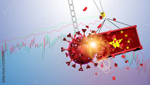 Pandemic and flu outbreak coronavirus or covid-19 effect to GDP trade and economy and stock market business and financial recession concept. Vector illustration design. Giant virus crash to container.