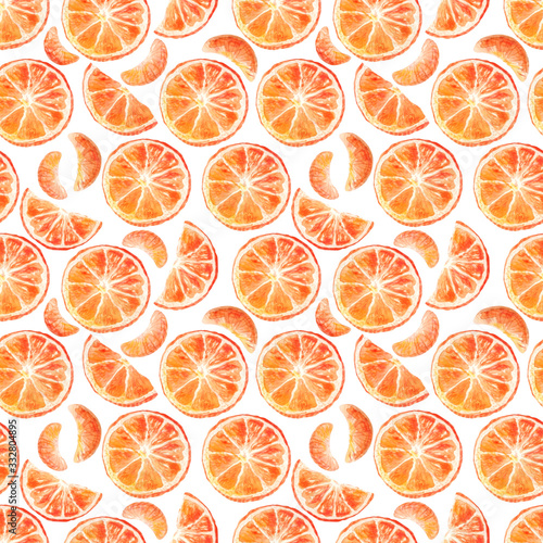 Watercolor seamless pattern with mandarins slices. Tangerine, clementine background. Hand painted sketch elements for design Can be used for textiles, stationery, corporate identity, wallpaper.