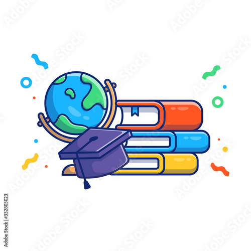 Graduation Vector Icon Illustration. Graduation Cap And Books. Education Icon Concept White Isolated. Flat Cartoon Style Suitable for Web Landing Page, Banner, Flyer, Sticker, Card, Background