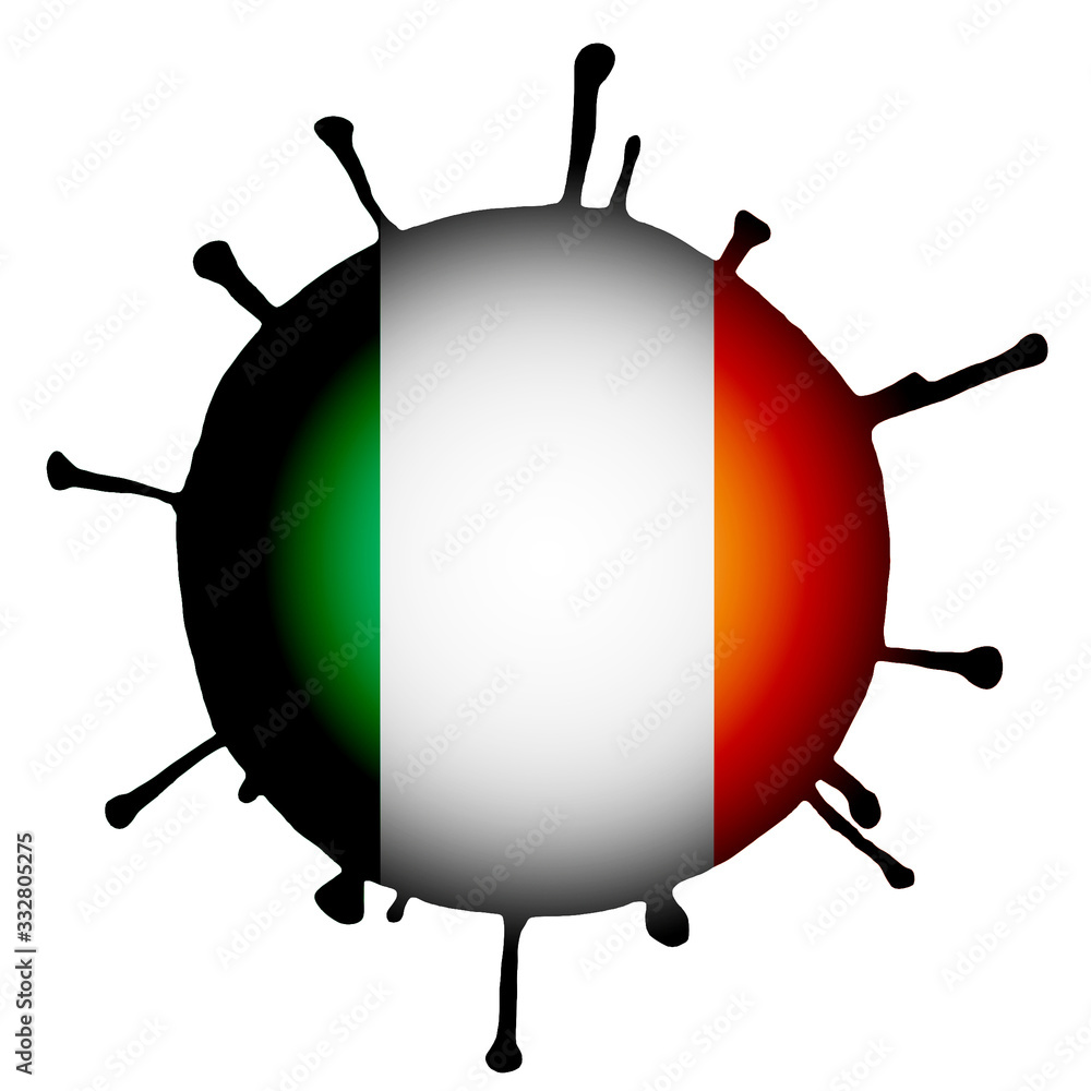 illustration of a coronavirus, bacterium with the flag of Ireland in the center, on a white isolated background. horizontal frame illustration of a coronavirus, bacterium with the flag of Ireland in the center, on a white isolated background. horizontal frame