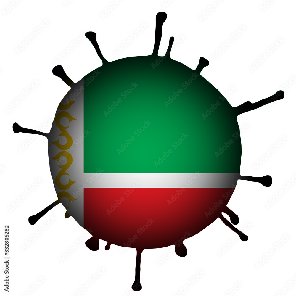 illustration of a coronavirus, bacterium with the flag of Chechnya in the center, on a white isolated background. horizontal frame illustration of a coronavirus, bacterium with the flag of Chechnya in the center, on a white isolated background. horizontal frame