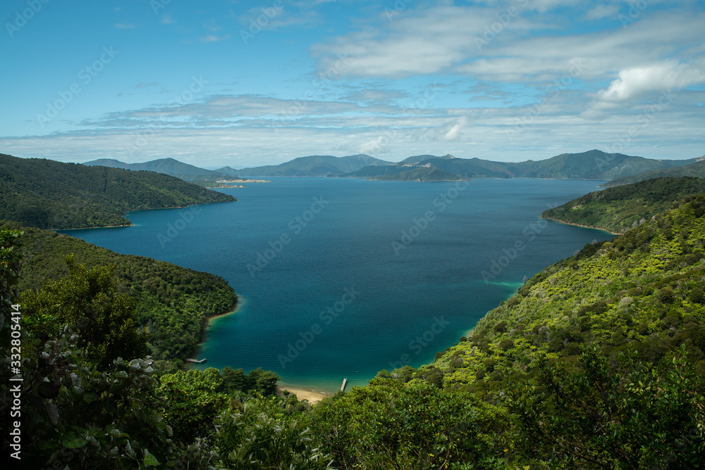 Bay of Islands and sea on Queen Charlotte track in Marlborough Sounds New Zealand