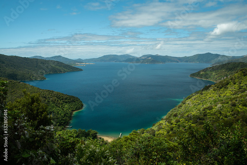 Bay of Islands and sea on Queen Charlotte track in Marlborough Sounds New Zealand