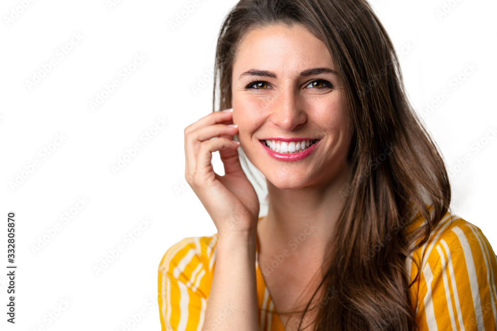 Beautiful bright cheerful woman with perfect skin and white teeth smile isolated on white background Beautiful bright cheerful woman with perfect skin and white teeth smile isolated on white background