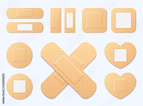 Adhesive bandage elastic medical plasters vector set. Illustration of medical plaster, elastic bandage patch