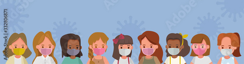 Group of childrens wear medical mask, virus and pollution protection concept character vector design