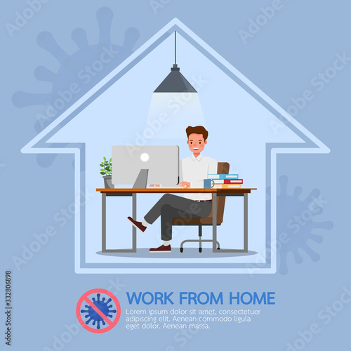 Man working from home, stop coronavirus, social distancing concept character vector design