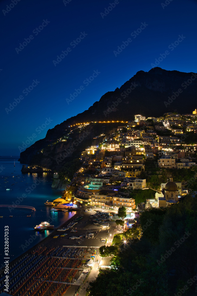 Positano Village along Amalfi Coast in Italy at dusk