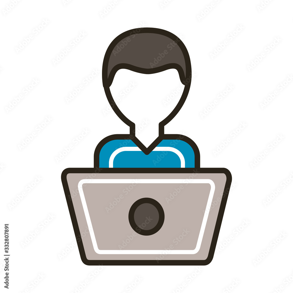 man using laptop line and fill style