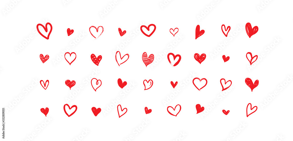 Set of red doodle hearts. Heart drawn the hand. Vector illustration. Set of red doodle hearts. Heart drawn the hand. Vector illustration.