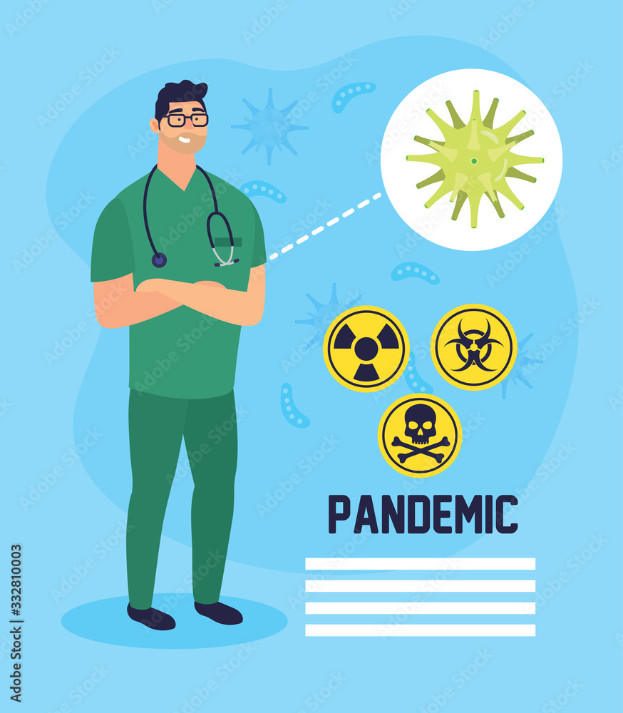 doctor with covid 19 particle and caution signals doctor with covid 19 particle and caution signals