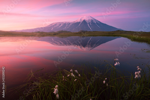 Tableau sur toile Tolbachik volcano reflection in the quiet mountain lake, Kamchatka