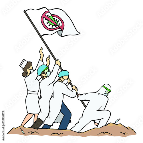 Doctor team with flag fight against virus in covid-19 crisis