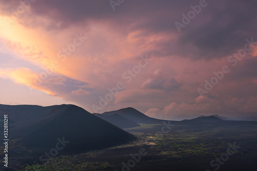 Dramatic views of the volcanic landscape. Kamchatka Peninsula.