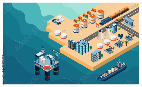 Oil and Gas refinery concept 3d isometric with offshore oil rig, tanker, Pump, Transportation,  factory and gas station. Vector illustration.