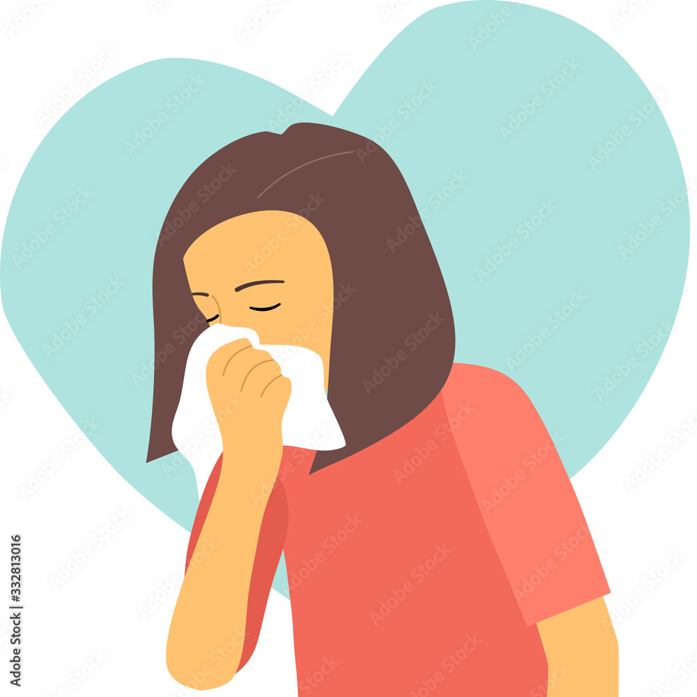 A woman in pink dress sneezing in handkerchief. Woman sneeze in flat design concept vector illustration on white background. Sick woman sneeze in side view. Season allergy. A woman in pink dress sneezing in handkerchief. Woman sneeze in flat design concept vector illustration on white background. Sick woman sneeze in side view. Season allergy.