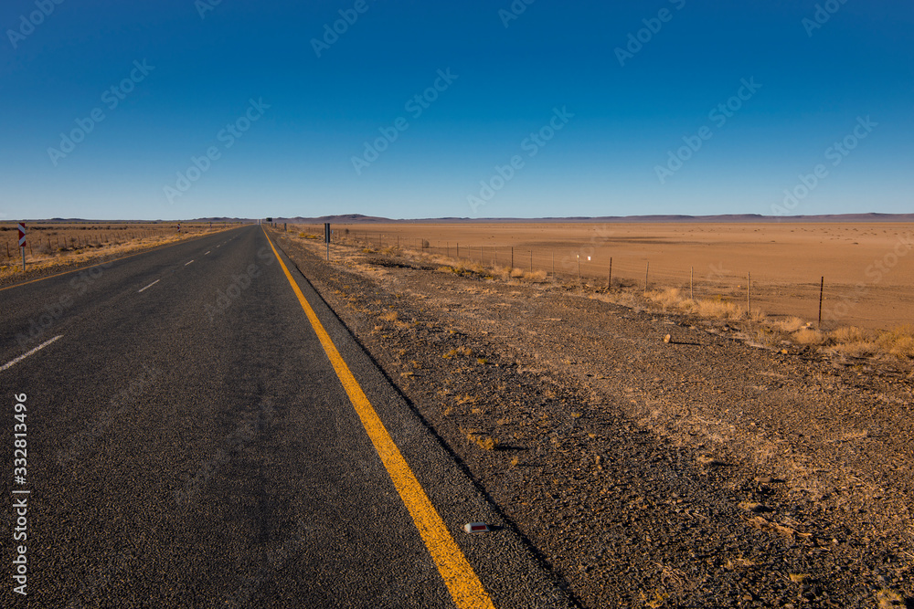 Naklejka premium An endless tarmac road, streching through the drought stricken Karoo, disappearing in the horizon. The freedom to travel. We will be free again. Tarmac road through the Karoo, South Africa