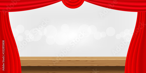 empty wood table and luxury red curtains for advertise product display, wooden top table decoration with curtain red, wood plank board space for banner copy space text, tabletop front view for banner