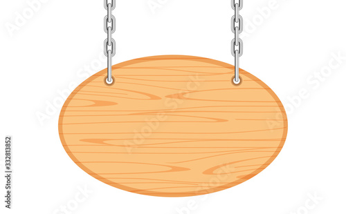 empty oval wooden hanging sign with chain isolated on white, wood plank for hanging signs copy space, wooden plank for sign announce alphabet and letter message, placard timber hang sign oval shape