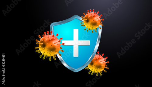 Immune System Shield Concept. Corona Virus 2020 virus disease. Covid-19 outbreak and coronaviruses influenza . Coronavirus 2019-nCoV. Pandemic medical health risk 3d realistic vector