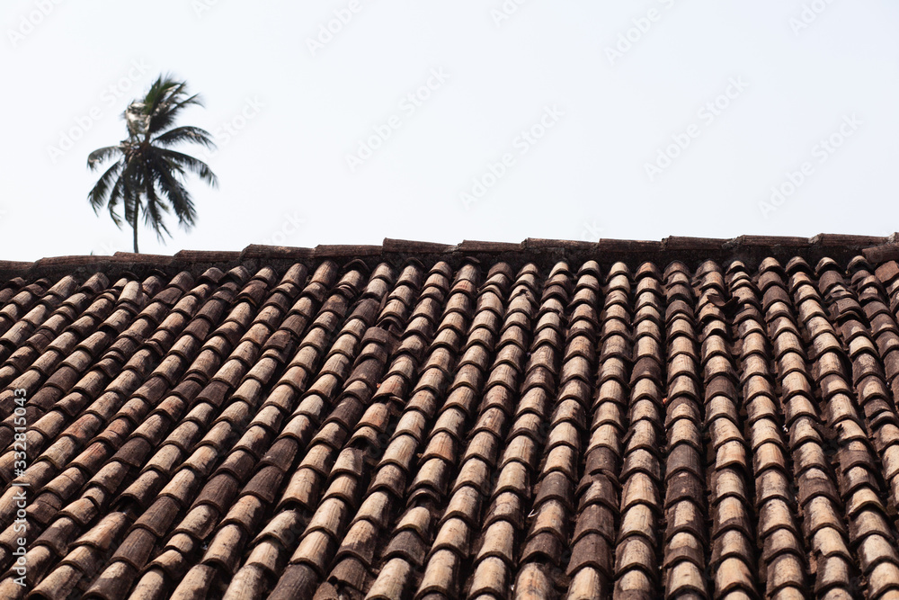 Tiled roof with flowers and palm tree.