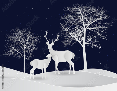 Deer silhouette standing on a hill.Night full moon on the background. Animal silhouette. paper art style. 