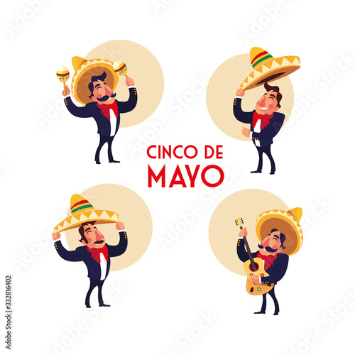 mexican mariachi with set icons of the cinco de mayo