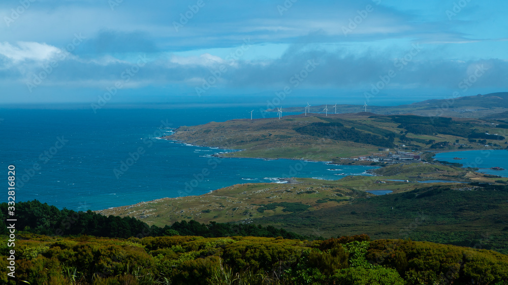 Wind turbines and sea near Bluff New Zealand