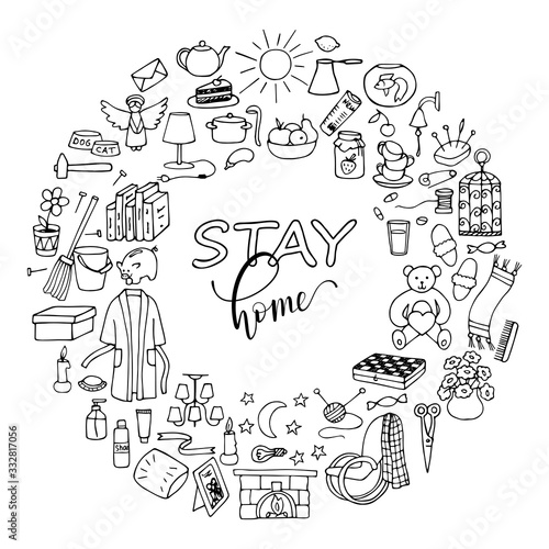 Hand drawn Stay Home vector illustration. Vector illustration of round frame with doodle home elements