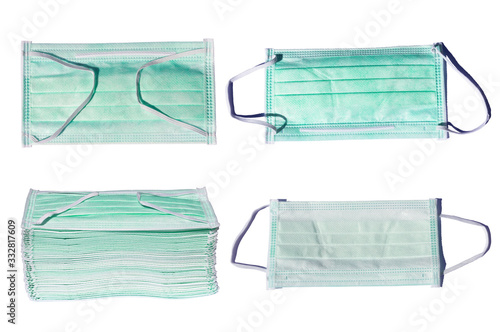 group set of green mask protect virus for respiratory product to wear on nose top view pattern isolated in white background with clipping path