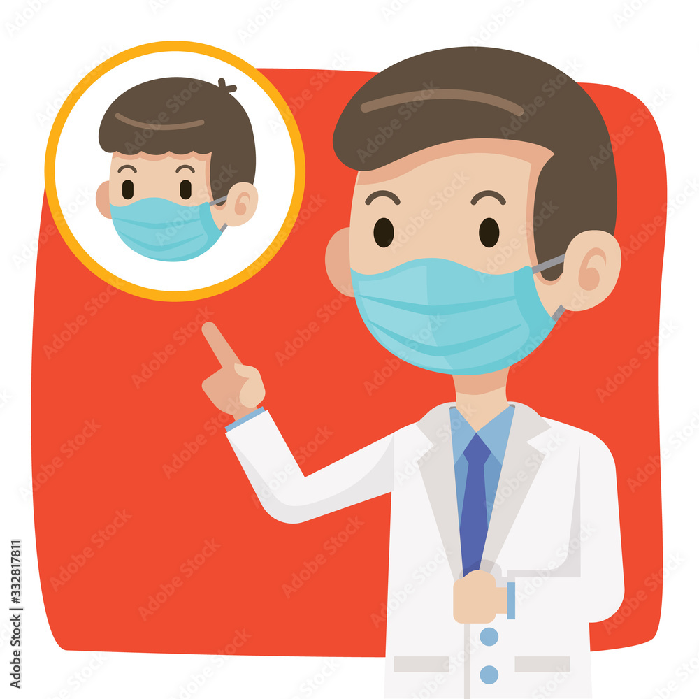 Doctor wearing protective surgical mask and advise people to wear surgical mask to protect against virus coronavirus Covid-19 - vector character Doctor wearing protective surgical mask and advise people to wear surgical mask to protect against virus coronavirus Covid-19 - vector character